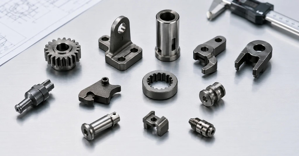 Precision machined industrial metal parts including gears and brackets
